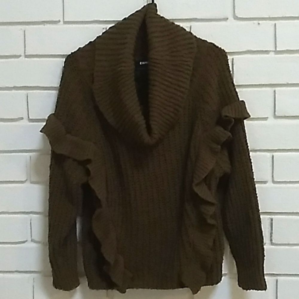 Express Oversized Dark Olive Green Ruffled Cowl Neck Sweater. Size Small